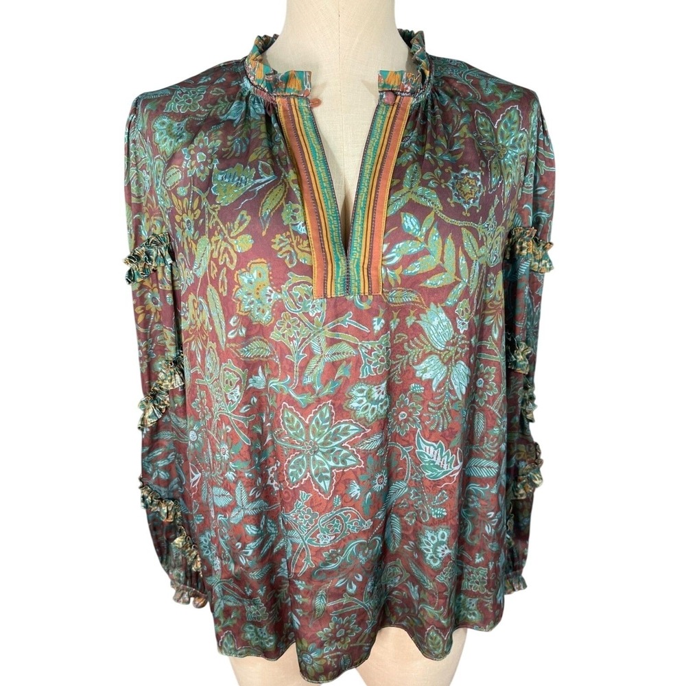 Current Air For Anthropologie Floral Ruffle Sleeve Blouse Smallโ Boho V-Neck Top